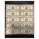 LOT OF 10 TWO DOLLAR FEDERAL RESERVE NOTES