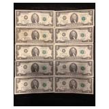 LOT OF 10 TWO DOLLAR FEDERAL RESERVE NOTES