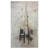 Four casting rods with reels and one ice fishing