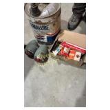Box of vintage spark plugs, permalube oil can and
