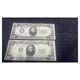 Two $20 notes, two $20 notes from 1934 and 1950