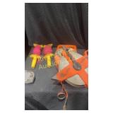 Assortment of chalk line, reels, and large metric