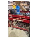 Rolling to a cart with assorted shop, fluids, oil