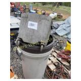 Two garbage cans, mop bucket, and bucket