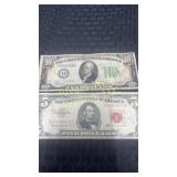 1934 ten dollar bill and 1963 five dollar bill