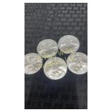 Five 2008 American Silver Eagles 1oz