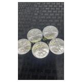 Five 2008 American Silver Eagles 1oz