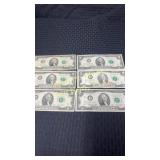 Six $2 bills from 1976-2003