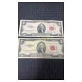 Two series 1953 two dollar bills in red ink
