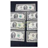 Seven $2 bills from 1976-2009