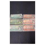 1954 Canadian one dollar and two dollar bills