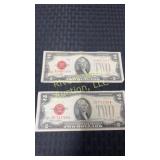 Two 1928 series G two dollar bills in red ink