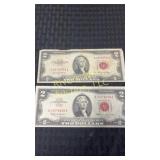 Two 2$ bill notes from 1953 and 1963 in red ink