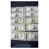 10 silver certificates 1957 Series A stamped blue
