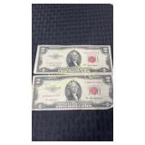 Two 1953 series ï¿½Aï¿½ red ink two dollar bills