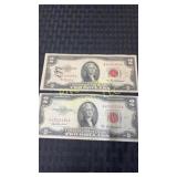 Two 1953 Series ï¿½Aï¿½ two dollar bills in red ink