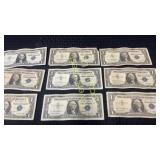 Nine Silver notes 1957 series B stamped in blue