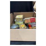Box of old tin cans and cigar box's