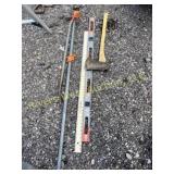 Single bit axe, prybar/nail puller, clamp, level