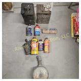Box of Vintage Automotive Tins and parts.