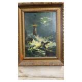 Antique lighthouse oil painting 15x19'