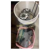 Five gallon bucket full of relics and tote of