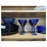 Group: Cobalt Blue Plates, Martini Glasses, Vario