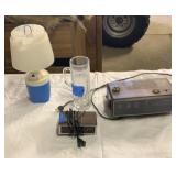 Lamp, 2 Electric Alarm Clocks, Rod Run Glass Mug