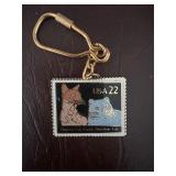 USA 22 Cat Stamp Keychain with Gold-Tone Clip