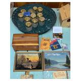 Antique Picture Calendars, Jars, Stamps & Wood