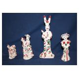 4 Pottery Figurines White, Red and Green