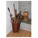 Lot including basket with fireplace tools,