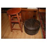 Bar stool, brown foot stool or ottoman and a