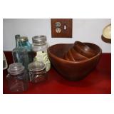 Large wooden salad bowl and 4 smaller salad