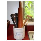 Tea Crock containing wooden rolling pin and