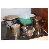 Pyrex bowl, Blue/gray planter, shot glasses,