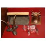 Grill press, brass bull head, cookie cutter and