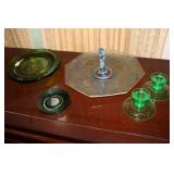 Pair of green depression etched candleholders,