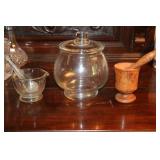 Apothecary jar, glass mortar and pestle, wooden