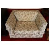 Floral decorated low back chair and 2 pine chairs