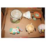 Box lot including sugar dishes, wall hanging,