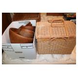 Wicker style picnic basket and wooden bowl salad