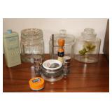 Vintage shaving kit, apothecary jars, Halls baby