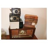 Lot including GE radio, cigar boxes, Polaroid