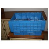 Blue tote and cardboard box including misc.