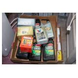 2 box lots of oil, hose storage box, shop lights,