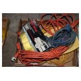 Box lot including extension cords and tow strap