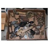 Box lot of pulleys including Worcester Tram Rail