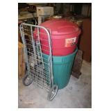 Lot including trash cans, metal buckets, stools,
