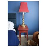 Pine table 18' x 13' x 24 1/2' H and brass lamp